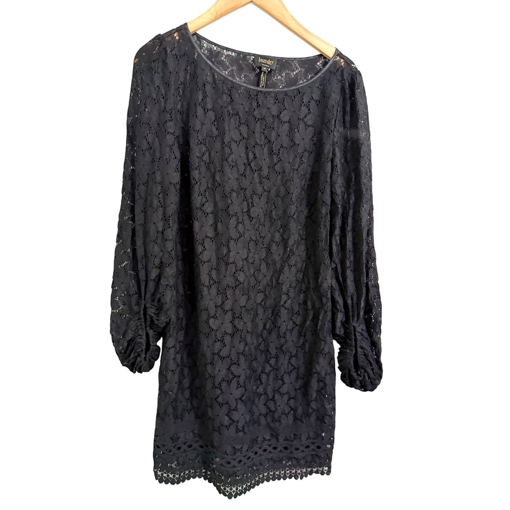Laundry‎ by Shelli Segal Black Lace Dress Long Sleeve Round Neck Mini Sheath